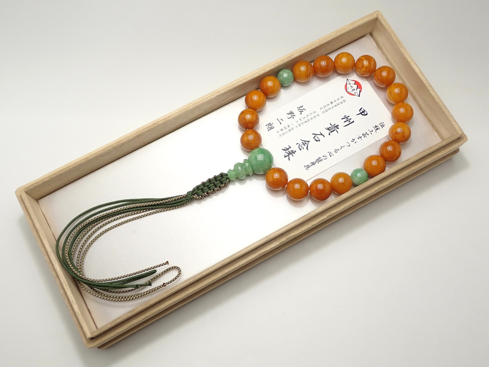 片手念珠 老琥珀/ビルマ翡翠